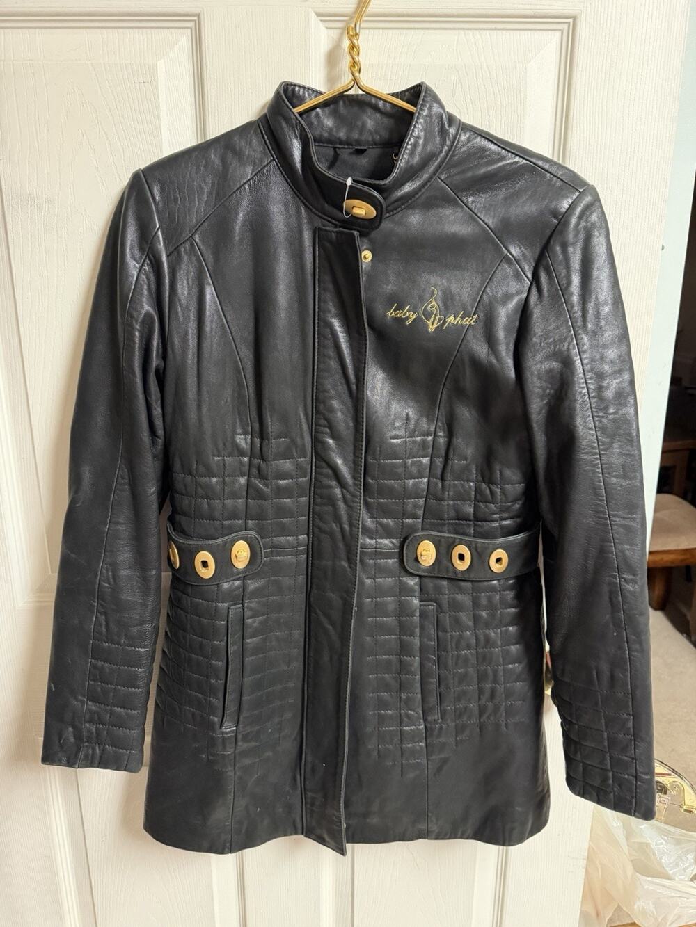 Vnt Y2k Baby Phat Leather Jacket Womens Sz Small Black Zip Biker Girl 34x30 Hip